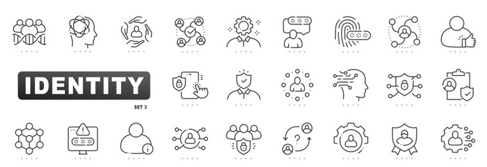 Obraz na płótnie Canvas Identity icons for authentication, security, privacy, verification, access, profile, account, password, biometrics, MFA, consent, compliance, encryption; clean outline, editable-stroke vector