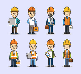 Set of 8 minimalist color vector icons of construction management professions, including site manager with clipboard, safety inspector with helmet, foreman directing workers, project manager 
