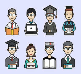 Flat colorful vector icons pack of 8 students, educational character illustrations for academic, school, and university themes
