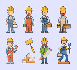 Set of 8 minimalist color vector icons of construction professions, including bricklayer laying bricks, carpenter sawing wood, concrete worker mixing cement, roofer installing tiles
