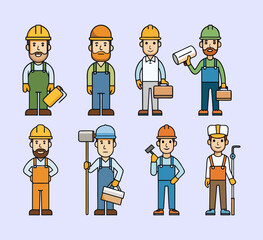 Collection of 8 modern minimal vector icons of construction workers, painter, drywall installer, tiler, and landscaper, clean colorful line art illustrations