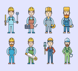 Set of 8 minimalist color vector icons of construction trades, including electrician installing wiring, plumber fixing pipes, welder with torch, HVAC technician with vent