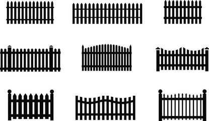Black picket fence silhouettes, garden fence icons, wooden barrier design, outdoor property divider, security fence illustration, decorative boundary vector set, isolated graphic elementst