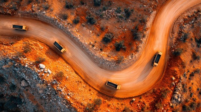 Four Dump Trucks on Winding Road in Arid Landscape