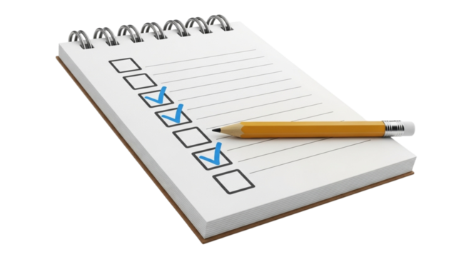 Checklist notebook with pencil on a black background, task management