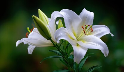 Fototapeta premium Close-up of two white lilies, buds, dark background
