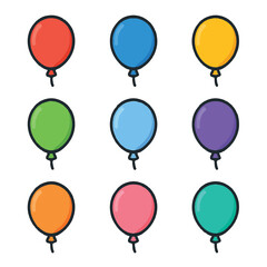Nine colorful cartoon balloons floating in a grid pattern on a white background. Perfect for party invitations and promotions.