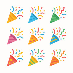 Nine colorful party poppers with confetti suitable for celebratory occasions, birthday parties, festive events, new years eve, and event decorations.