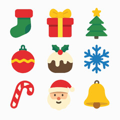 Christmas vector icons suitable for holiday designs. Icons include santa, gingerbread, snowflakes, and more festive elements. Great for seasonal graphics.