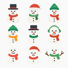 Nine cute cartoon snowmen in hats, earmuffs, scarves smile happily. Perfect for winterthemed designs, christmas cards, and holiday decorations.