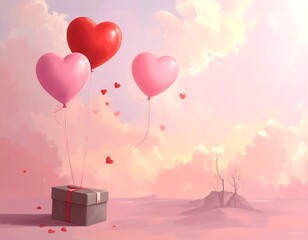 Dreamy Valentine's Day gift with heart-shaped balloons over pastel landscape