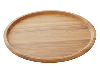 Round wooden tray empty serving platter light brown wood texture tabletop item isolated on transparent background