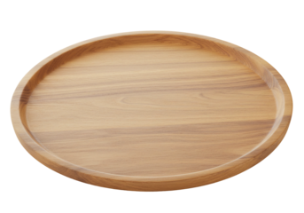 Round wooden tray empty serving platter light brown wood texture tabletop item isolated on transparent background