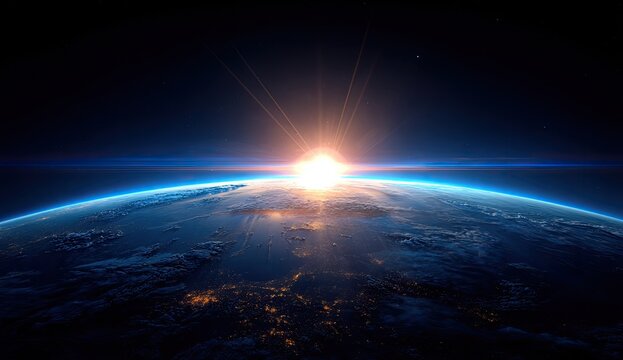 Earth rising, sunburst in space - Powered by Adobe