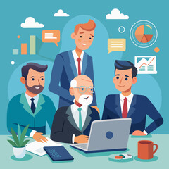 Dynamic business team collaborates on strategy, reviewing data and charts, fostering teamwork and innovation for success, diverse professionals in a modern workspace