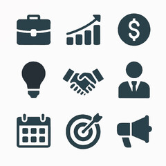 Business icons including graphs, handshakes, calendars, and targets suitable for presentations, reports, websites, and social media posts. Perfect for corporate visual content.