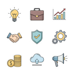Business icons suitable for presentations, websites, and social media. Icons include lightbulb, briefcase, and growth chart. Perfect for business concepts.
