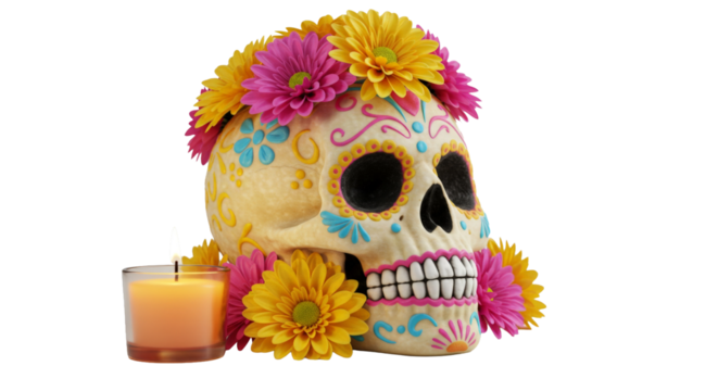 Colorful sugar skull with flowers and candle png isolated on transparent background - Powered by Adobe