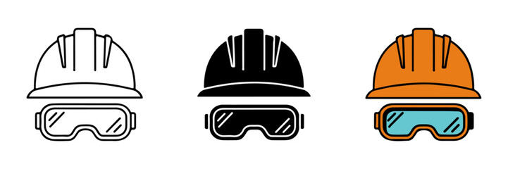 Industrial Safety Icons: Hard Hat and Goggles in Line, Silhouette, and Color Styles