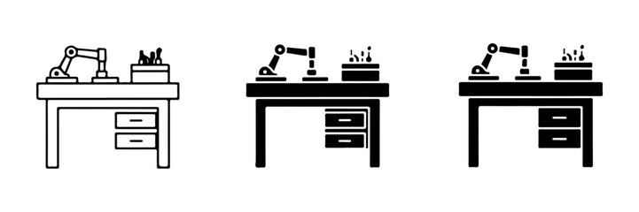 Collection of Robotic Arm Workbench Icons: Outline and Solid Styles