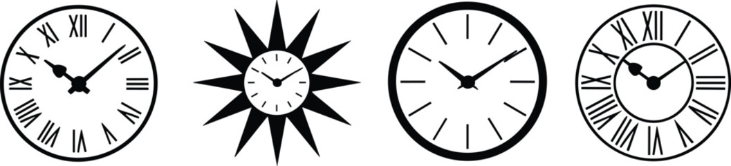 Collection of wall clocks vector illustration, simple outline and silhouette style, round clock designs with roman numerals and modern minimal hands