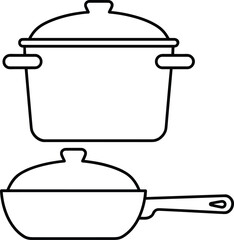 Cooking pot and frying pan vector illustration, kitchen utensil outline icons, cookware set design, black line style, household cooking equipment graphic drawing