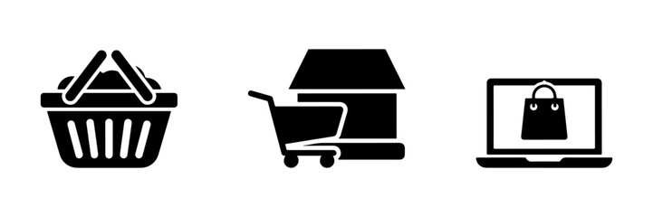 Shopping Process Icon Set: Basket, Cart, Store, Laptop