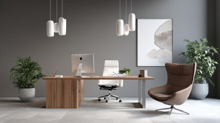 Modern Executive Office Interior Design with Desk, Chair, Lighting, and Artwork for Professional Workspace