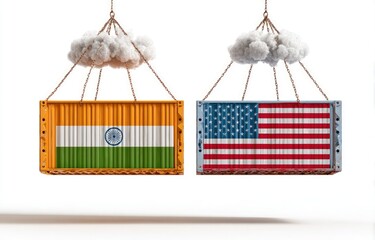 Shipping containers, India & US flags, trade