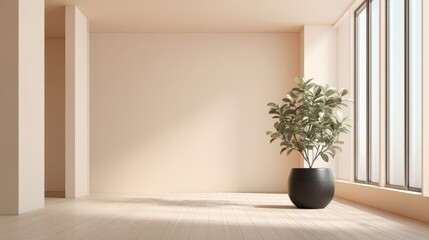 Minimalist Interior with Natural Light, Houseplant, Beige Walls, and Wooden Floor in an Empty Room
