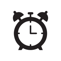 Classic Black Alarm Clock Icon in Flat Style on White Background