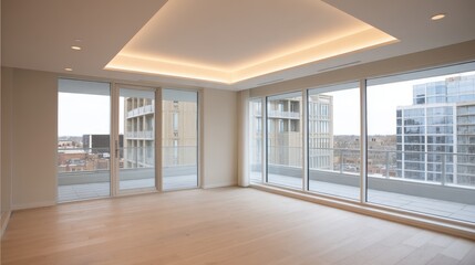 Fototapeta premium Bright and Modern Empty Room with Large Windows and Hardwood Flooring in High-Rise Building