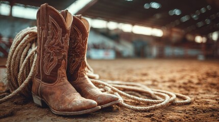 Cowboy Boots and Rope in Indoor Arena