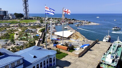 Drone Photo of Georgian Flag, Adjara Flag and Alphabet Tower from Batumi Port