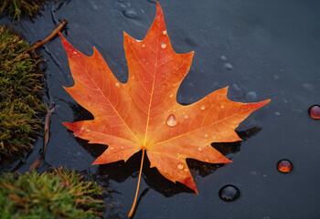 Fototapeta premium Vibrant maple leaf rests on a wet, dark surface with moss, expressing the essence of autumn.