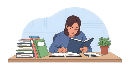 Focused Student Learning Girl with Book and Notes at Desk, Studying Hard