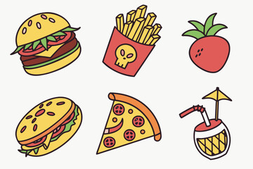 Bright playful cartoon style food icons set