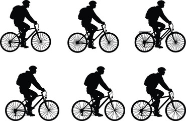 Fototapeta premium Cyclist silhouette riding bike, mountain biking, outdoor cycling, fitness exercise, biking sport, active lifestyle, adventure, helmet safety, healthy living, nature biking, cycling gear, backpack
