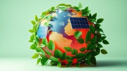 A globe with solar panels and green leaves symbolizing renewable energy and environmental sustainability