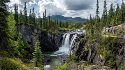 Waterfall cascading over black rock cliffs into pine forests of British Columbia, panoramic view of nature's grandeur.
