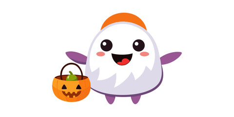 Fototapeta premium A friendly ghost holding a pumpkin candy bucket.
