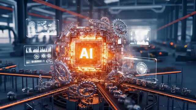 Futuristic factory scene showing an AI core surrounded by gears, data screens, and machinery, symbolizing vertical AI models tailored for specific industries and task.