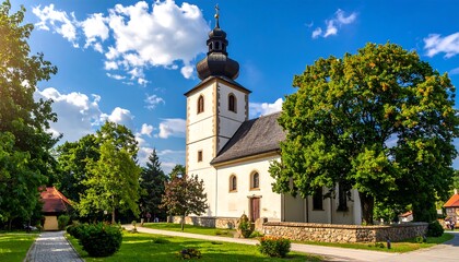 A picturesque village church stands amidst lush greenery under a vibrant summer sky.