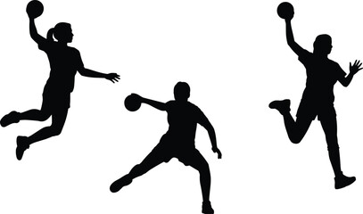 Handball players silhouette vector illustration, athlete throwing ball, team sport action design, men and women playing handball, jumping, running, dynamic sports vector artwork