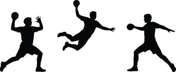 Handball players silhouette vector illustration, male athletes throwing ball, dynamic sports action, professional competition, training activity, isolated black sport artwork design