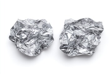 Fototapeta premium Two crumpled balls of metallic foil sit on a white background, showing texture and wrinkles
