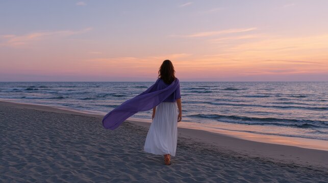 Woman in White Dress Walking on Beach at Sunset with Purple Shawl Flowing in Gentle Breeze