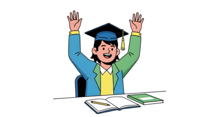Happy graduate student sitting at a desk with books, celebrating academic success with hands raised in joy. An illustration of achievement and learning