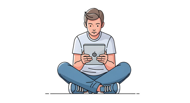 A young man sitting cross-legged while using a modern digital tablet computer. Vector illustration of a person engaged in online browsing or e-learning