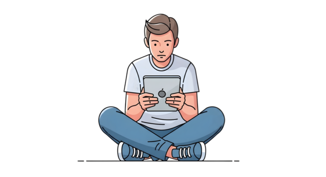 A young man sitting cross-legged while using a modern digital tablet computer. Vector illustration of a person engaged in online browsing or e-learning